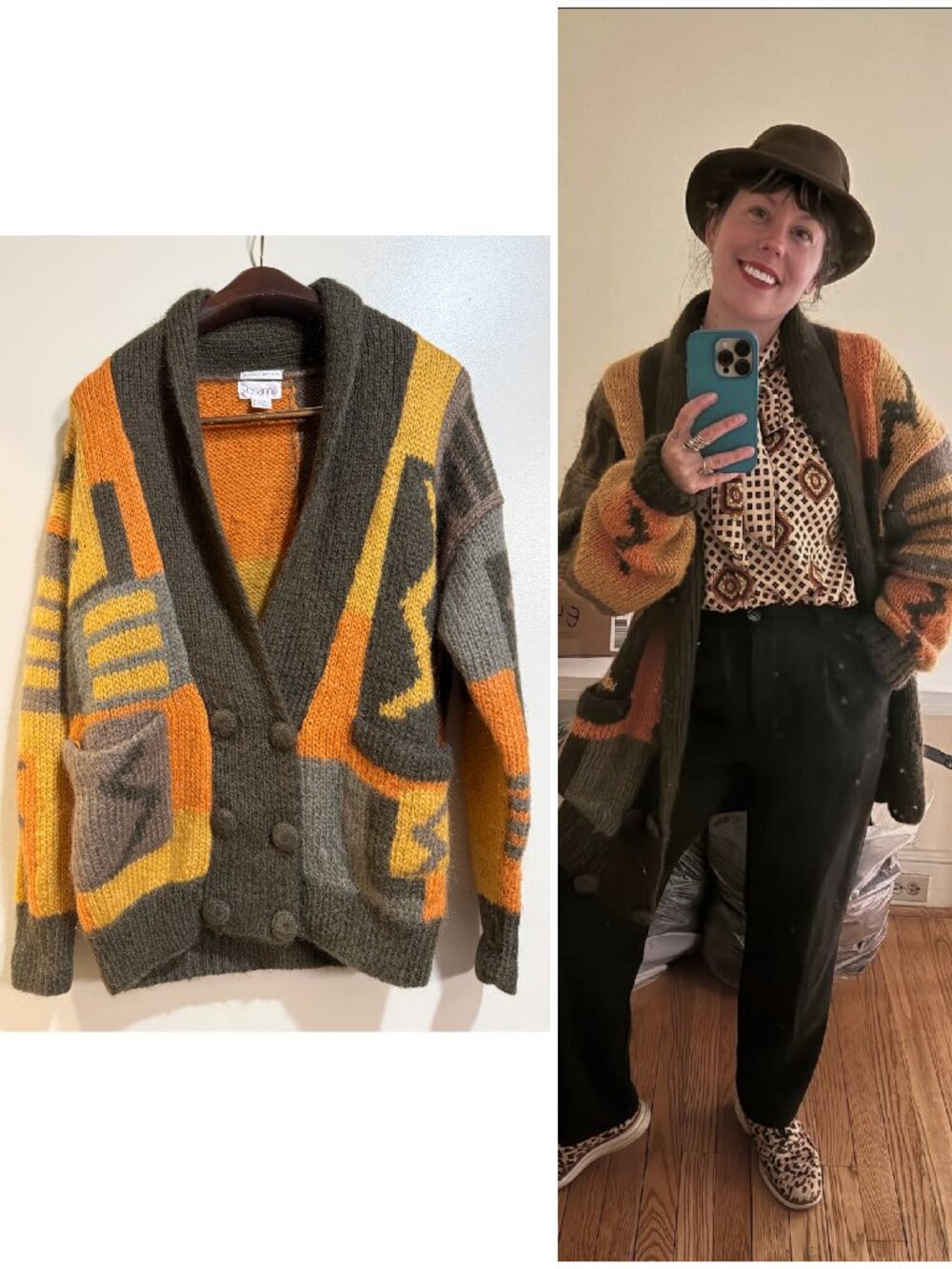 Vintage Rosanna Mohair Oversized Cardigan Hand Knit Grandpa Geometric Sweater S